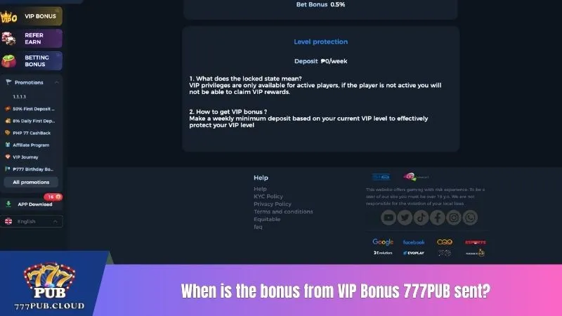 When is the bonus from VIP Bonus 777PUB sent?