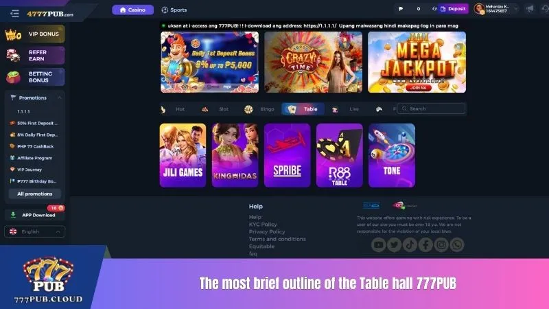 The most brief outline of the Table hall 777PUB