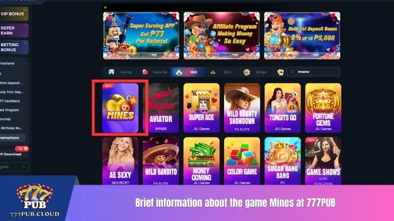 Brief information about the game Mines at 777PUB