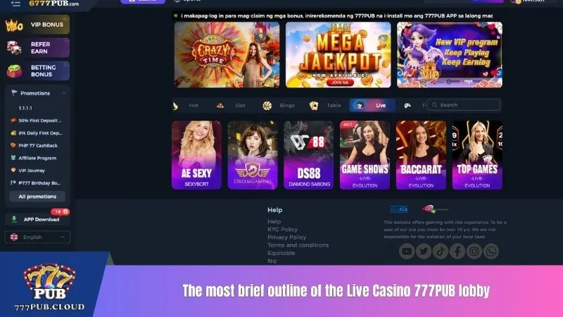The most brief outline of the Live Casino 777PUB lobby