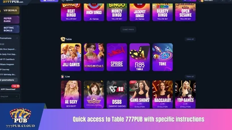 Quick access to Table 777PUB with specific instructions